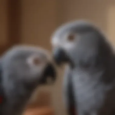 Close-up of an African Gray parrot interacting with its owner