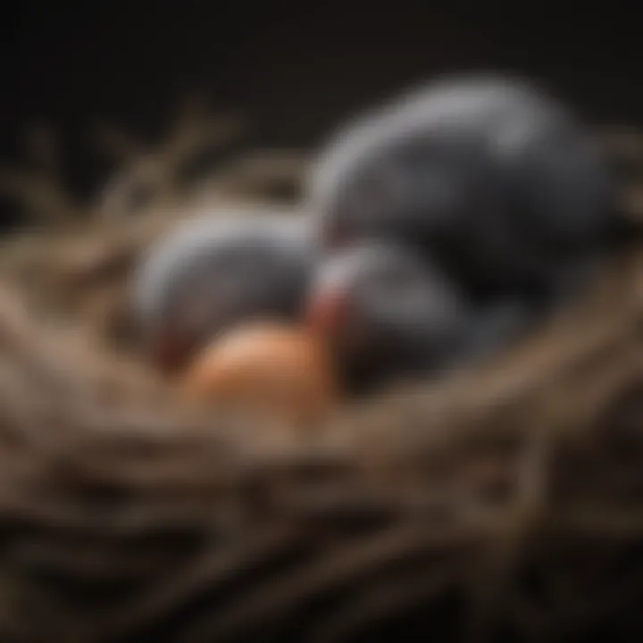 Close-up of African Grey parrot eggs in a nest