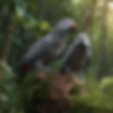 A pair of African Grey parrots in a lush habitat