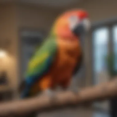 A vibrant parrot perched on a branch at a local veterinary clinic.