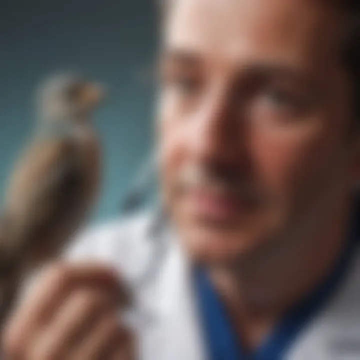 Veterinarian examining a small bird with a stethoscope.