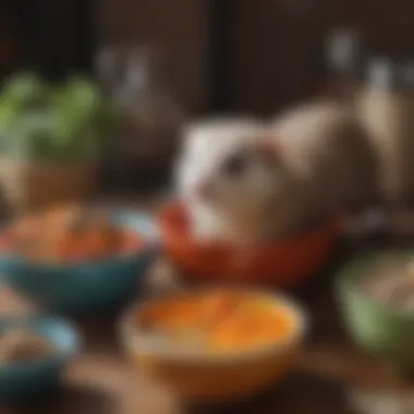 A colorful array of ferret-friendly food options displayed in bowls