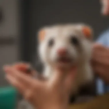 A veterinarian examining a ferret during a routine health check