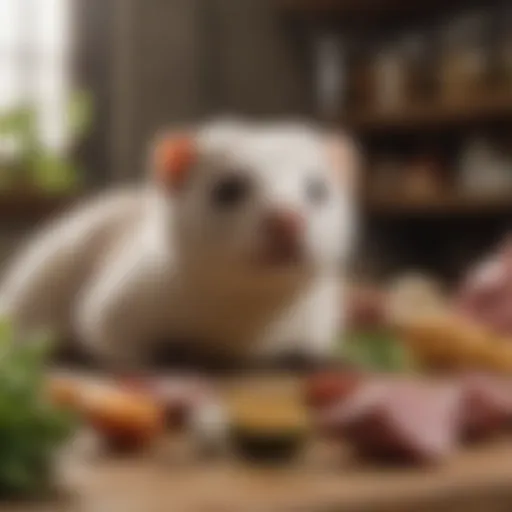 A vibrant assembly of ferret-friendly foods including high-quality kibble and fresh meats.