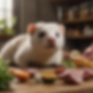 Nourishing Ingredients for Ferrets A vibrant assembly of ferret-friendly foods including high-quality kibble and fresh meats.