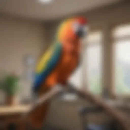 A colorful parrot perched on a branch in a veterinary clinic
