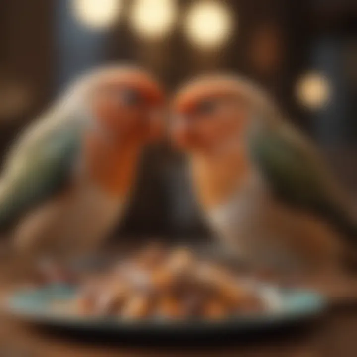 A close-up of love birds enjoying their meal