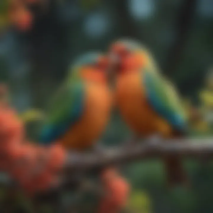 Vibrant love birds perched on a tree branch