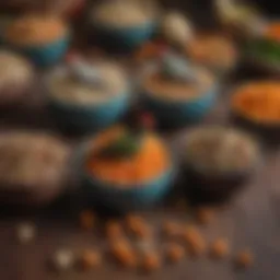 A variety of pellet food options for conures displayed in bowls.