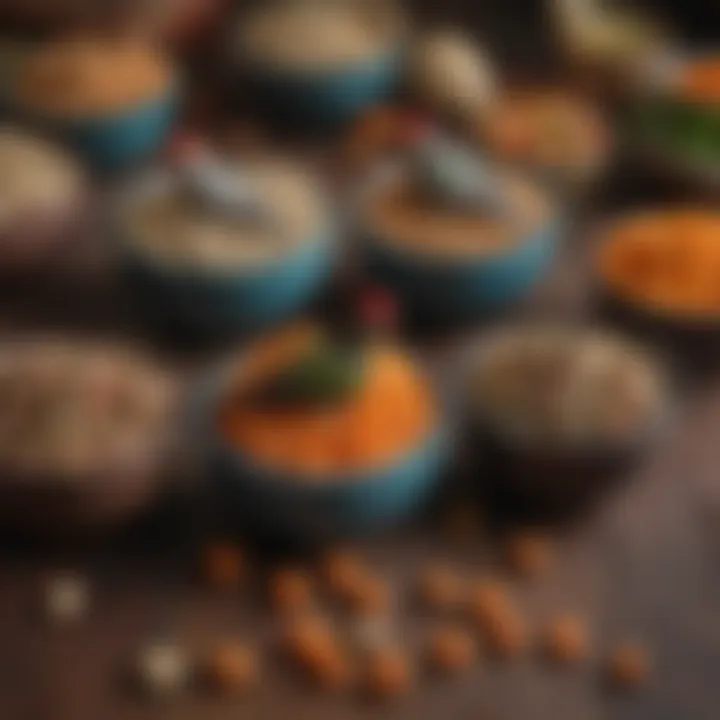 A variety of pellet food options for conures displayed in bowls.
