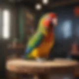 Colorful small parrot perched on a vibrant play stand
