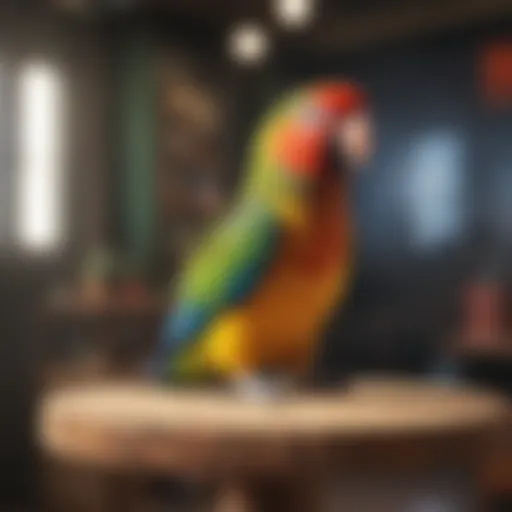 Colorful small parrot perched on a vibrant play stand