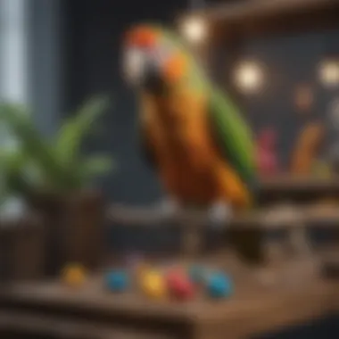 Interactive Play Time on a Parrot Stand Small parrot playing and engaging with toys on a play stand