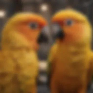 A close-up of the safety features in a sun conure cage, highlighting secure locks and design