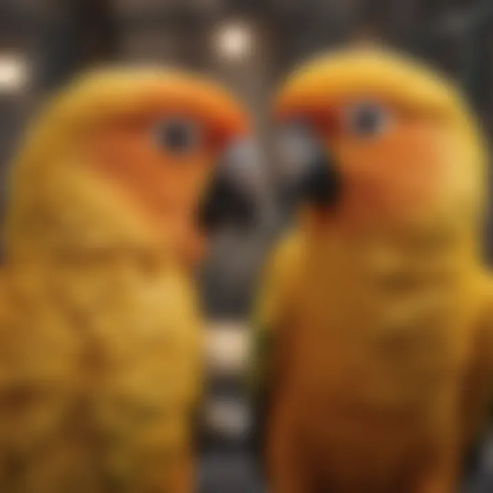 A close-up of the safety features in a sun conure cage, highlighting secure locks and design