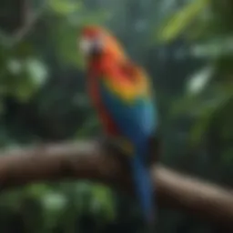 A vibrant macaw perched on a branch showcasing its colorful plumage.