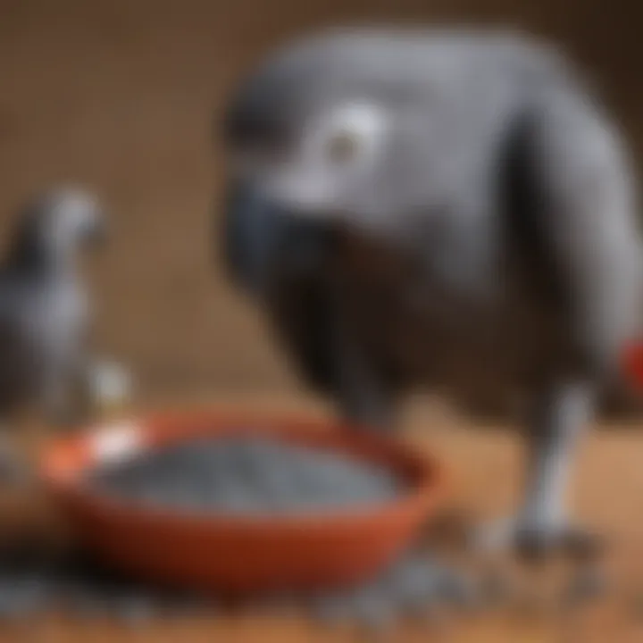 An African Grey parrot enjoying a bowl of pellets