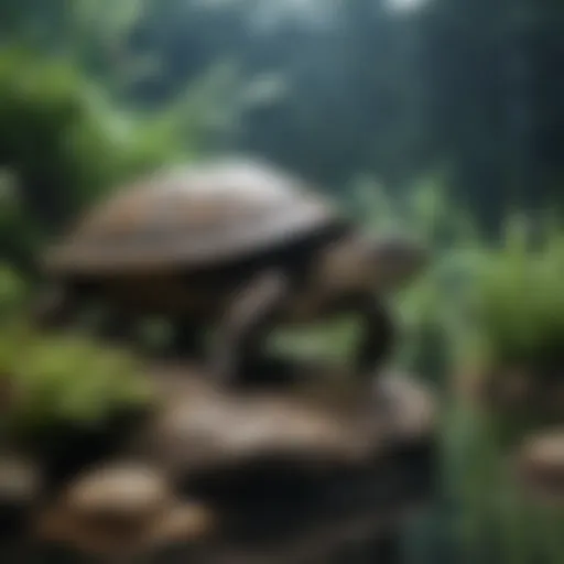 A vibrant aquarium displaying a well-set aquatic turtle habitat with plants and rocks.