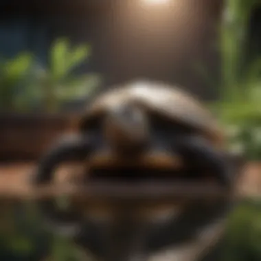 Health Management for Aquatic Turtles A healthy aquatic turtle basking under a heat lamp in its enclosure.
