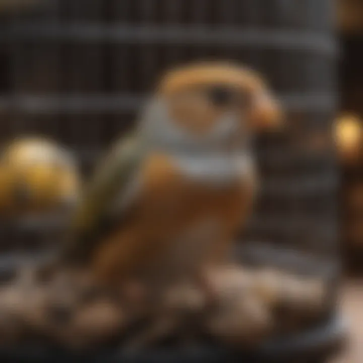 Bird cage with enrichment toys and accessories