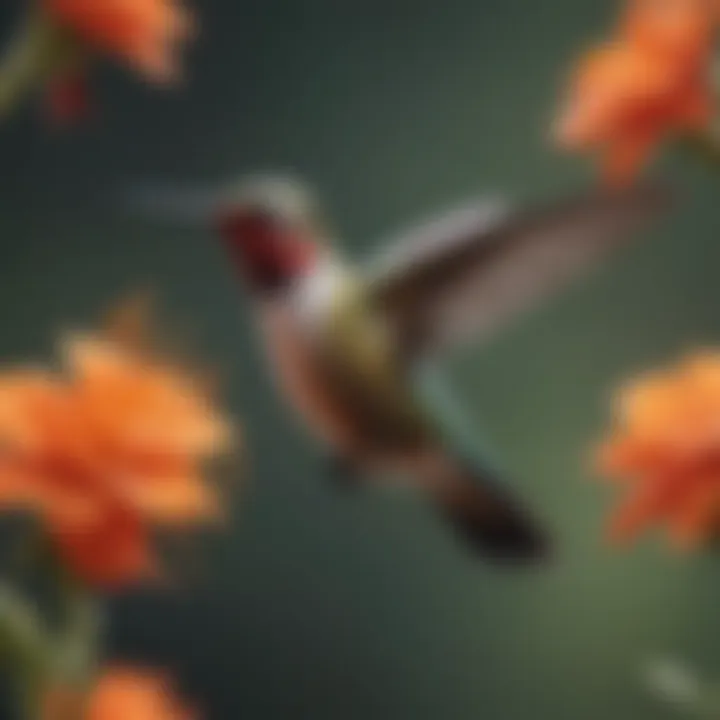 A close-up of a hummingbird hovering near a flower