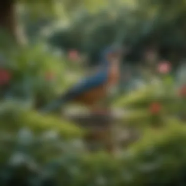 Diverse Avian Life in a Tranquil Garden Setting A serene scene of various birds in a lush garden