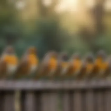 A group of diverse songbirds perched together on a fence