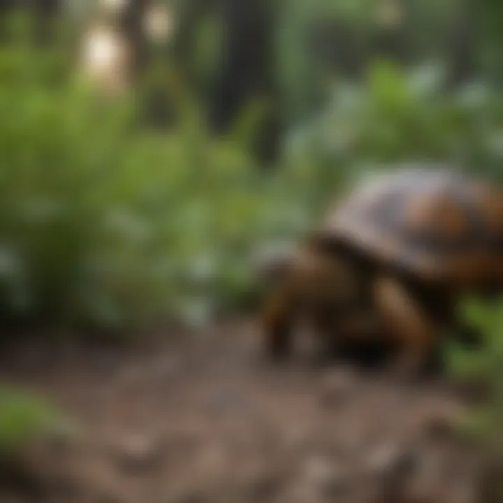 A well-maintained outdoor habitat for box turtles featuring plants and hiding spots