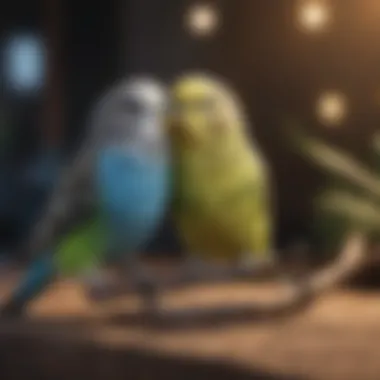 A budgie engaging in playful behavior with a companion