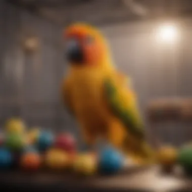 Sun Conure Engaging with Enrichment Toys Sun conure playing with toys in a spacious cage