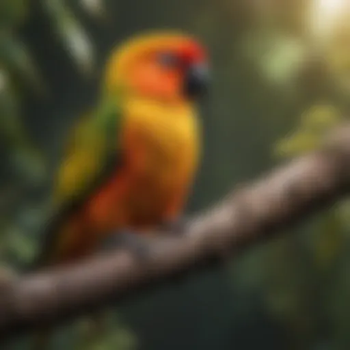 Vibrant sun conure perched on a branch
