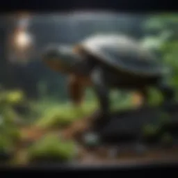 Aquatic turtle basking under a heat lamp in a spacious terrarium