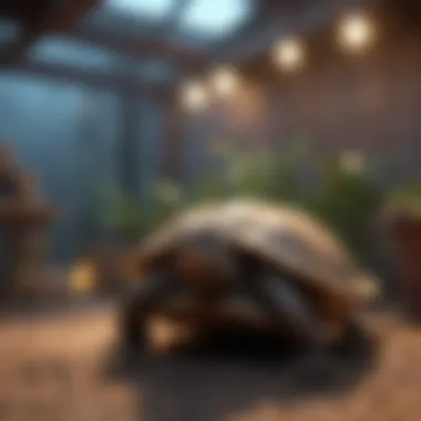 Basking Area for Turtle Health A turtle basking under a heat lamp in a secure outdoor environment