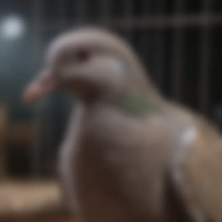 Health check of a pet dove in its cage