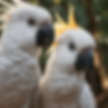 A close-up of a cockatoo pair engaging in courtship behaviors.