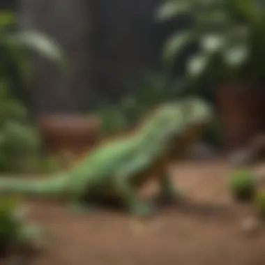 Enrichment items in an iguana enclosure, including toys and plants