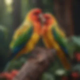 Vibrant love birds perched together, showcasing their colorful plumage.