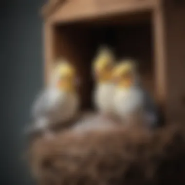 A pair of cockatiels exploring their nest box happily.