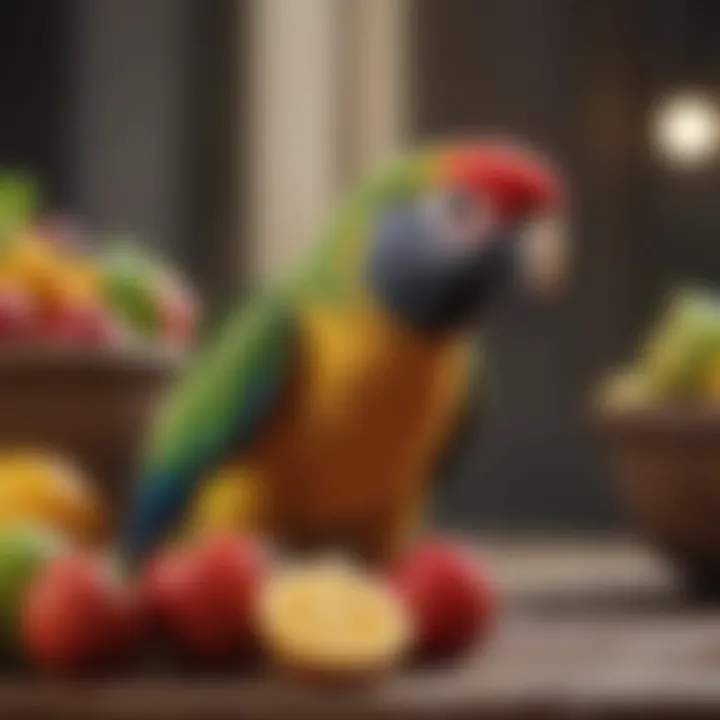 Colorful small parrot enjoying fresh fruits