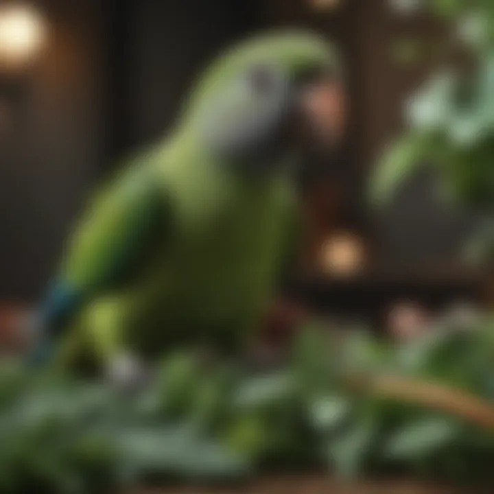 Small parrot feeding on leafy greens