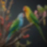 Vibrant parakeets perched on a branch