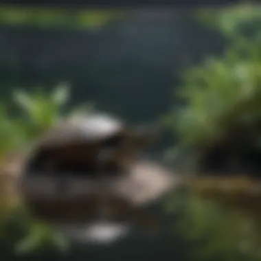 A tranquil aquarium setup for painted turtles, featuring plants and basking areas.