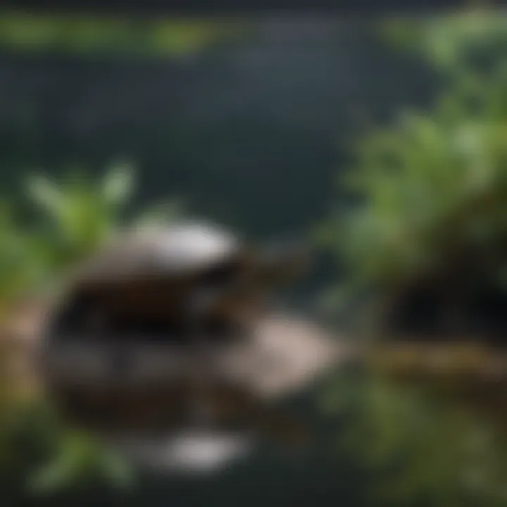 A tranquil aquarium setup for painted turtles, featuring plants and basking areas.