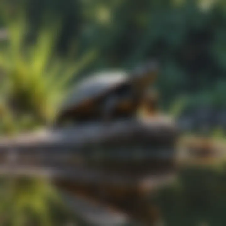 A beautifully decorated painted turtle basking on a rock in a serene pond.