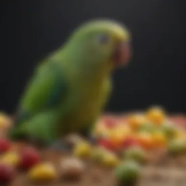 A close-up of parakeet food, highlighting nutritious seeds and fresh fruits.