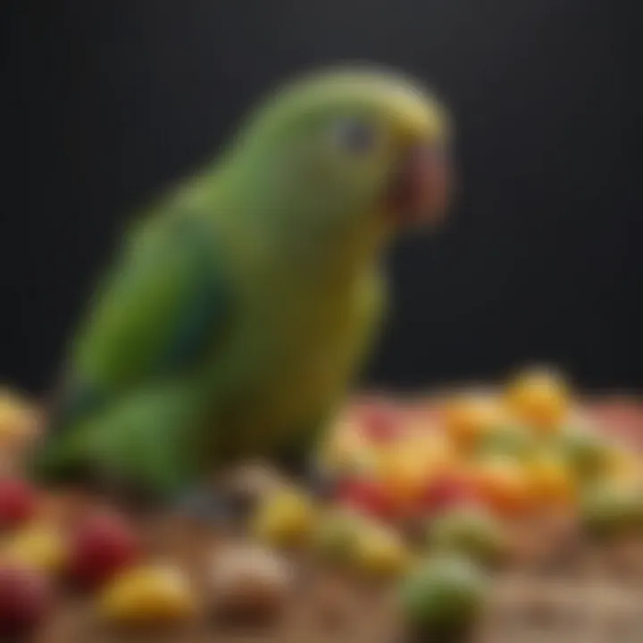 A close-up of parakeet food, highlighting nutritious seeds and fresh fruits.