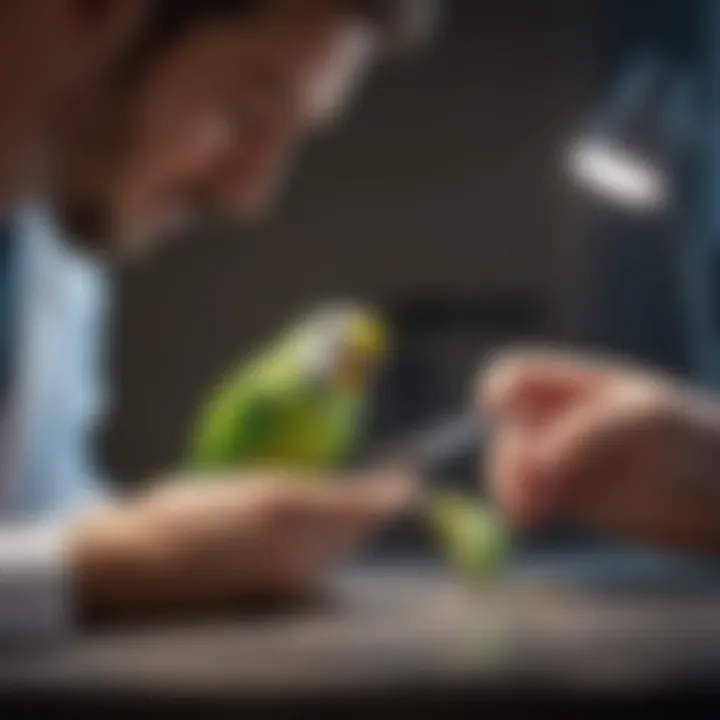 A veterinarian examining a parakeet, illustrating the importance of regular check-ups.