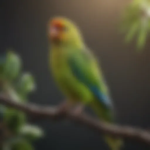 A vibrant parakeet perched on a branch, showcasing its bright plumage.