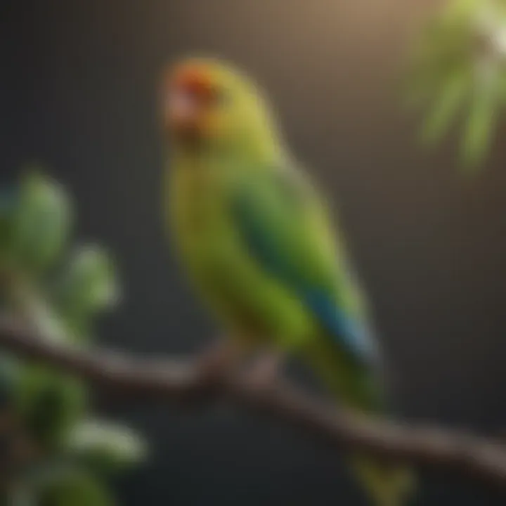 A vibrant parakeet perched on a branch, showcasing its bright plumage.