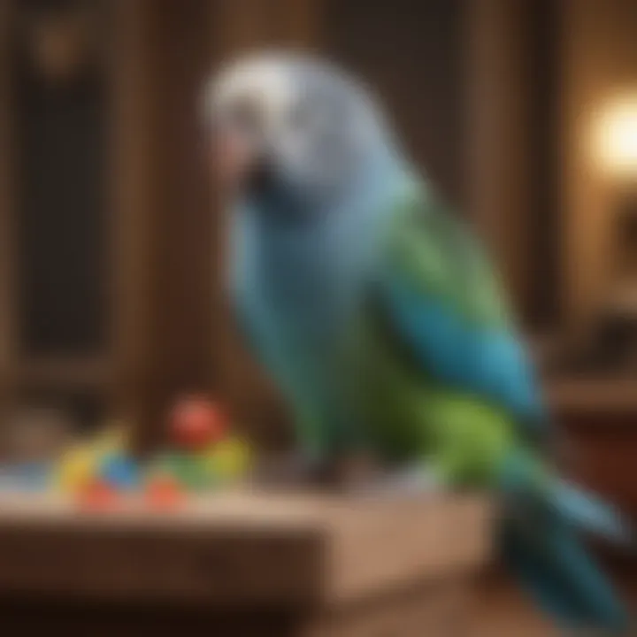 Parakeet exhibiting playful behavior with toys